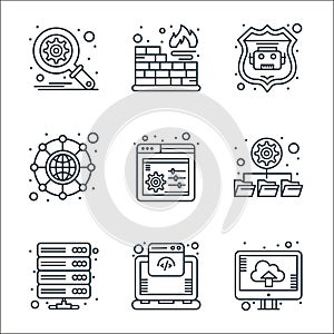 web hosting line icons. linear set. quality vector line set such as upload, hosting, database, database, settings, hierarchical