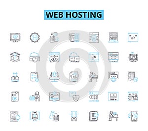 Web Hosting linear icons set. Server, Hosting, Domain, Bandwidth, Uptime, Database, Cloud line vector and concept signs