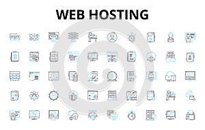 Web Hosting linear icons set. Server, Hosting, Domain, Bandwidth, Uptime, Database, Cloud vector symbols and line