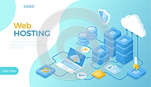 Web hosting, ÃÂ¡loud computing storage, Database, Network connection. Hosting servers, computer, cloud. Isometric vector