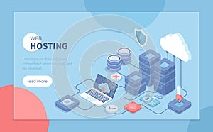 Web hosting ÃÂ¡loud computing storage Database Network connection. Hosting servers, computer, cloud. Isometric vector illustration