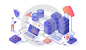Web hosting, ?loud computing storage, Database, Network connection. Hosting servers, computer, cloud. Isometry illustration