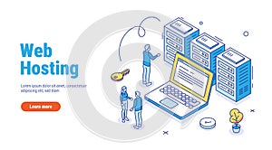 Web hosting or server outline isometric. Web hosting service with cyber security technology concept. Character staying