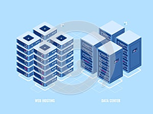 Web hosting server rack, isometric icon of database and data center, blockchain digital technology concept, cloud