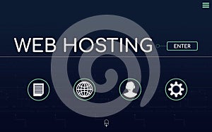 Web hosting service. Homepage with different icons, illustration