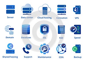 web hosting service icon set from colocation server VPN shared to CDN and SSL