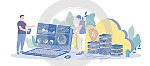 Web Hosting Service. Online database, cloud computing, web data center, server. File storage and protection. Vector illustration