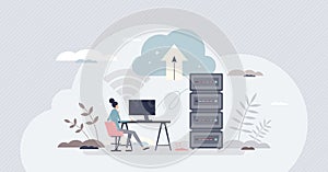 Web hosting with storage in server and database upload tiny person concept