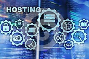 Web Hosting Technology Internet and Networking Concept. On Server room background. Virual screen