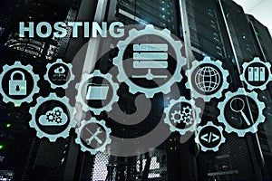 Web Hosting Technology Internet and Networking Concept. On Server room background. Virual screen.