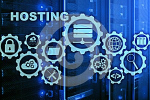 Web Hosting Technology Internet and Networking Concept. On Server room background. Virual screen