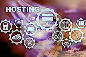 Web Hosting Technology Internet and Networking Concept. On Server room background. Virual screen