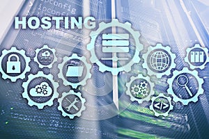 Web Hosting Technology Internet and Networking Concept. On Server room background. Virual screen.
