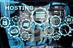 Web Hosting Technology Internet and Networking Concept. On Server room background. Virual screen.