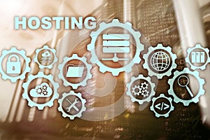 Web Hosting Technology Internet and Networking Concept. On Server room background. Virual screen.