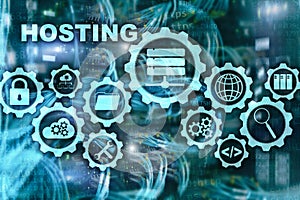 Web Hosting Technology Internet and Networking Concept. On Server room background. Virual screen