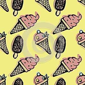 Ice cream seamless pattern on a yellow background. Hand drawn