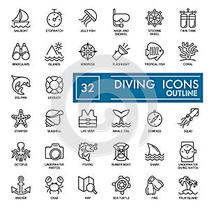 Web icon set. summer, sea diving vector icons isolated on white. Flat thine outline icons. Eps 10