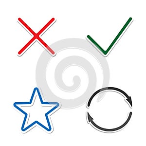 Web Icons. Check mark and Cross Icons. star and circle with arrows. Simple icon on white background. Modern mono solid plain flat