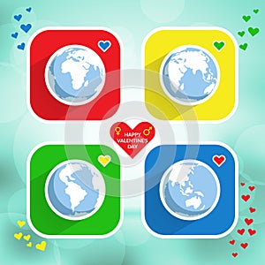 Web icons of earth globe social networking with heart, vector global set