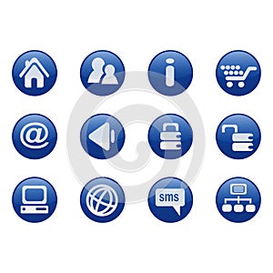 Web icons set, blue circle buttons, clean vector.