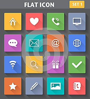 Web Icons set in flat style with long shadows.
