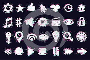 Web icons set. User interface symbols, glitch style. GUI elements isolated on white. Vector clipart collection for