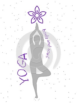 Isolated yoga label with Tree pose and flower of lotus.  Isolated woman silhouette sitting with abstract gray grunge paintbrush sp