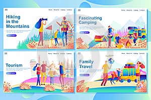 Web landing page design template for family travel tourism, camping.