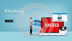 Web landing page template of cyber crime concept. Password phishing attack and stealing data vector illustration
