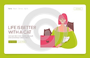 Web Landing template Happy woman working at home. Cats bothering. Working with cats. Pet ownership, pet parent. Happy Mew