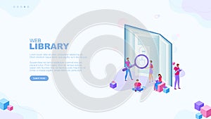 Web library page concept. People reading books. Education. Knowledge. Science. Digital archive. Template for your design works.
