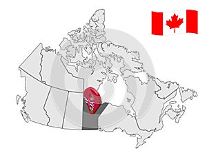 Location of  Manitoba on map Canada. 3d Manitoba location sign. Flag of Manitoba Province.