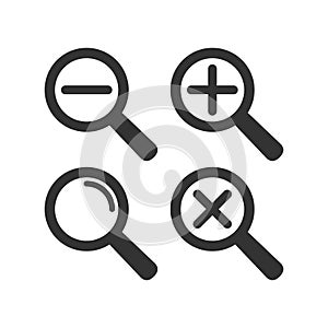 Web loupe icon set. Magnifying glass with plus and minus sign. Magnify icon.