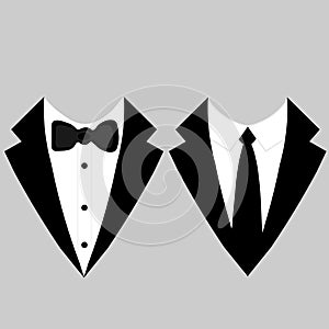 Web Men`s jackets. Tuxedo. Wedding suits with bow tie and with necktie. Vector illustration