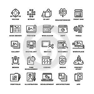 Web and mobile apps development line vector icons