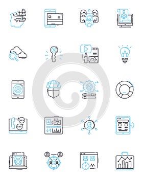 Web optimization linear icons set. search, ranking, traffic, algorithm, metadata, optimization, keywords line vector and