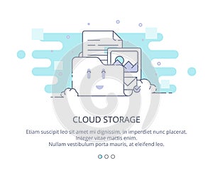 Web Page Design Template of Cloud Computing and Storage. Data Storage, Cloud Computing, Web Sites Hosting. Flat Layout