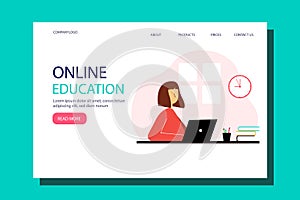 Web page design template for distance education, online courses, e-learning, tutorials. Girl studying with laptop and