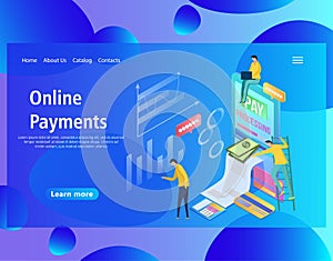 Web page design template of isometric online payments, mobile bank