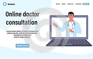 Web page design template for online doctor consultation. Doctor with stethoscope on the laptop screen