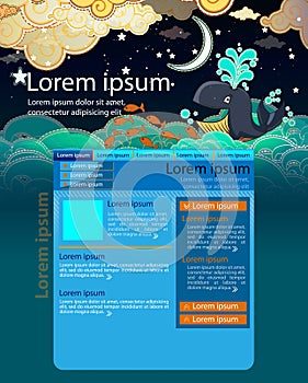 Web page design template with whale and fish