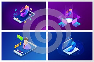 Web page design templates for call center support 24-7. Isometric 24 hours open customer service. Vector illustration