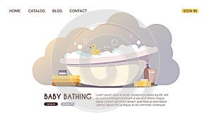Web page design with a white bath, foam, soap bubbles, yellow rubber duck and baby bath products. Bath time. Hygiene