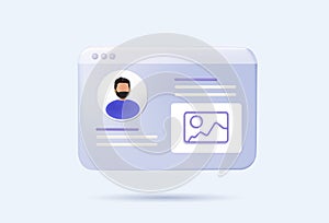 Web page interface design, web user, windows frame search. Web design and web development concept. 3d vector icon.