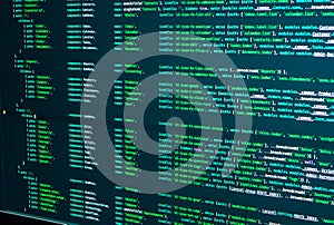 Web page java script code on computer monitor. Software computer programming code. Frontend java code