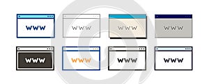 Web page layout with www. Vector icon illustration in 8 different styles of a window showing world wide web website icon