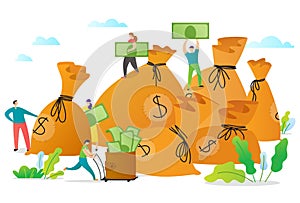 Web page template with managers making money. Concept with people collecting money to the bags