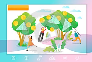 Web page template with managers making money. Concept with People with nets pick coins