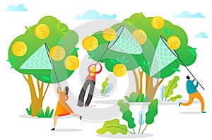 Web page template with managers making money. Concept with People with nets pick coins